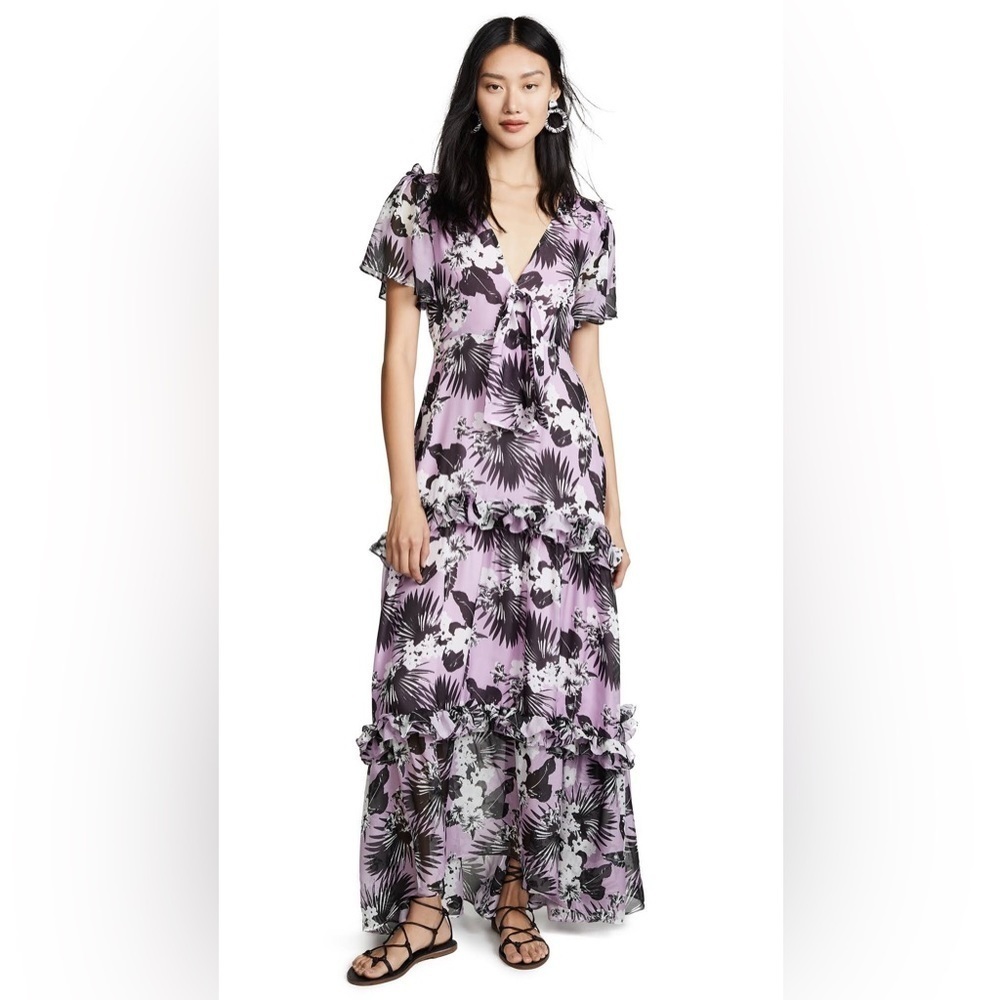 Viva Aviva Size 2 Leilani MAxi Tiered Dress Purple Black V Neck  Short Sleeves